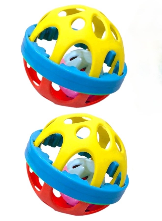 Manos Baby Rattle Ball with Bell, Multi-Color Educational Toy, Yellow Blue Red Pack of 2 - Image 1